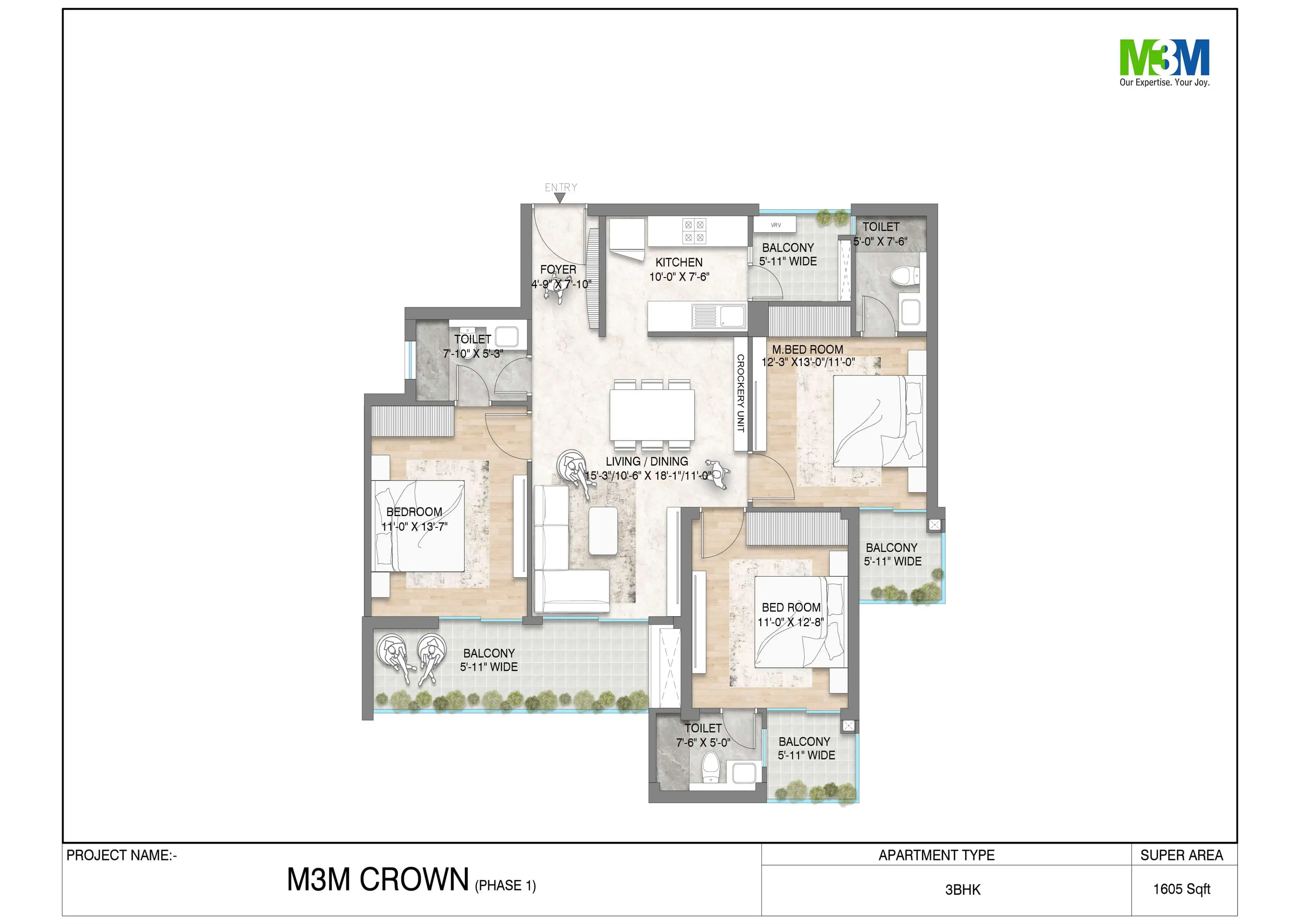 M3M Crown 3 BHK Floor Plan